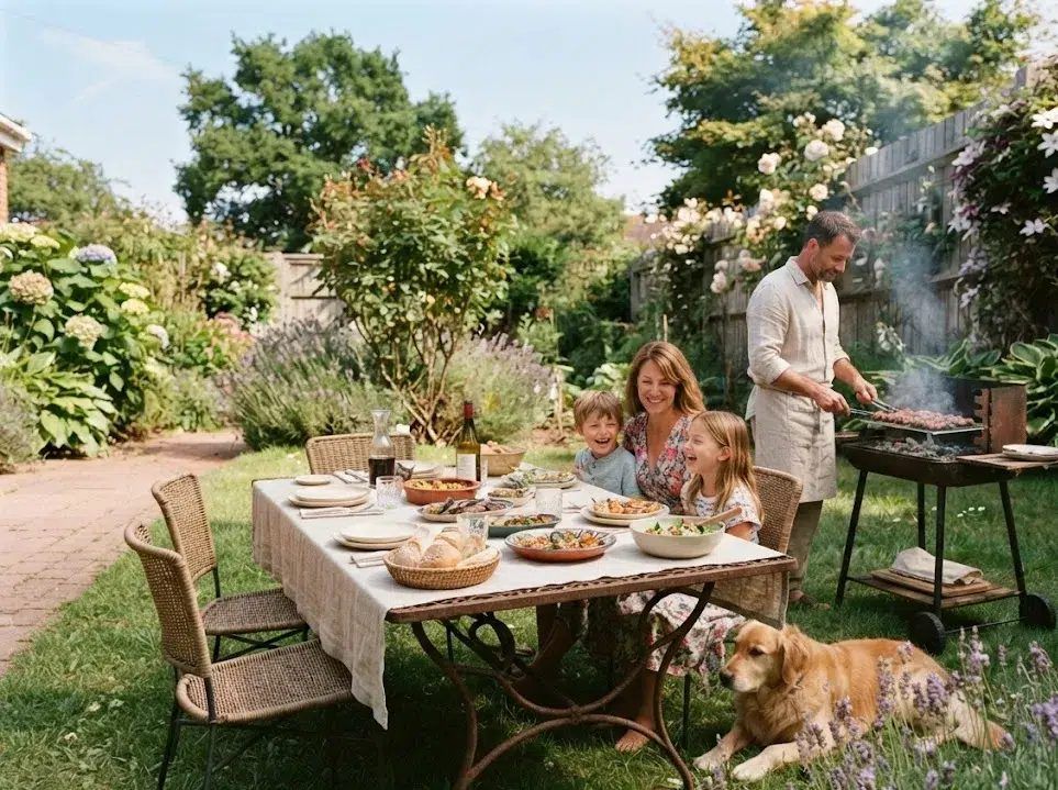 Famiglia a pranzo in giardino