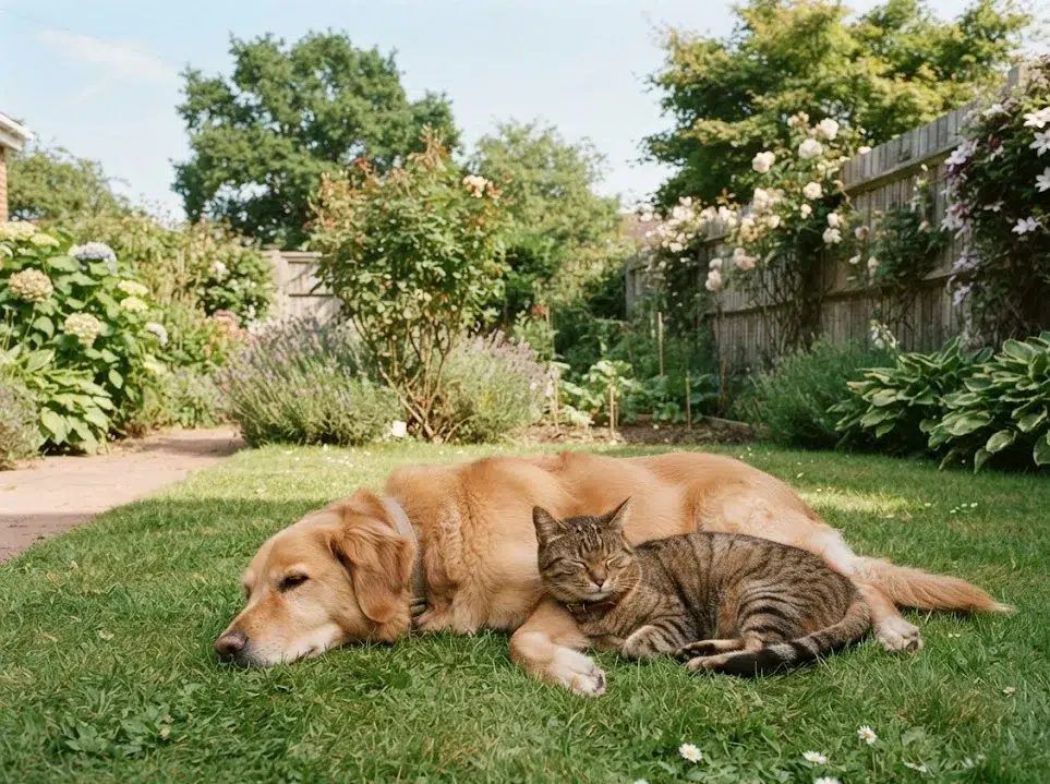 Cane e gatto in giardino