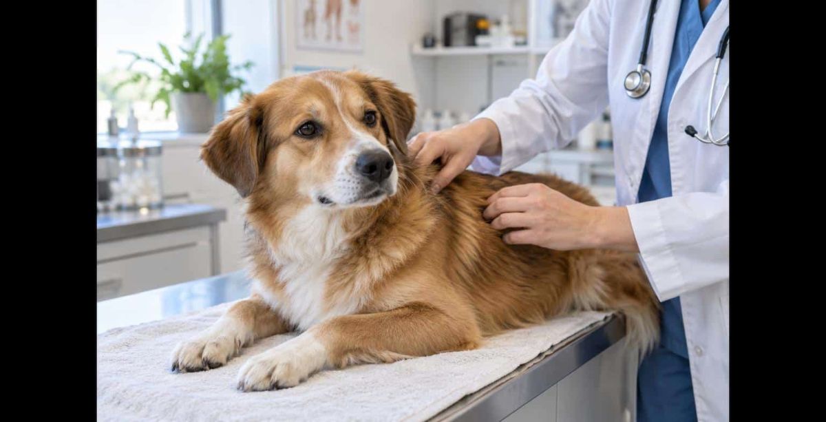 Veterinario controlla un cane per le pulci