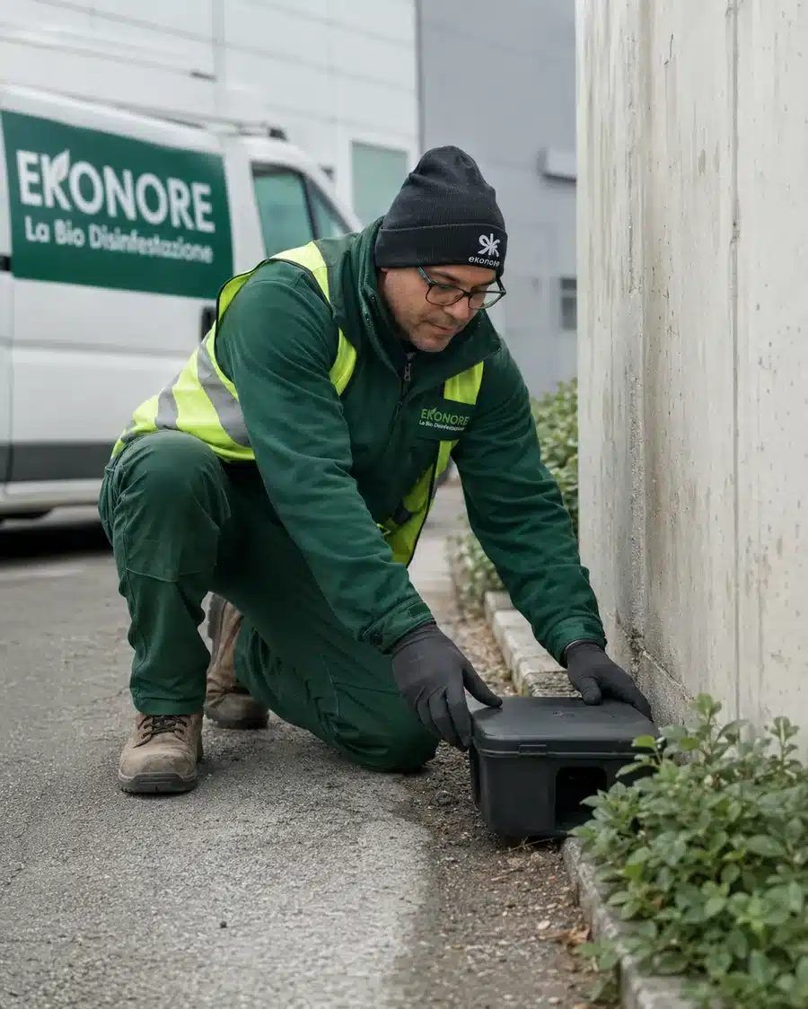 Tecnico Ekonore posiziona una postazione perimetrale esterna vicino a un capannone