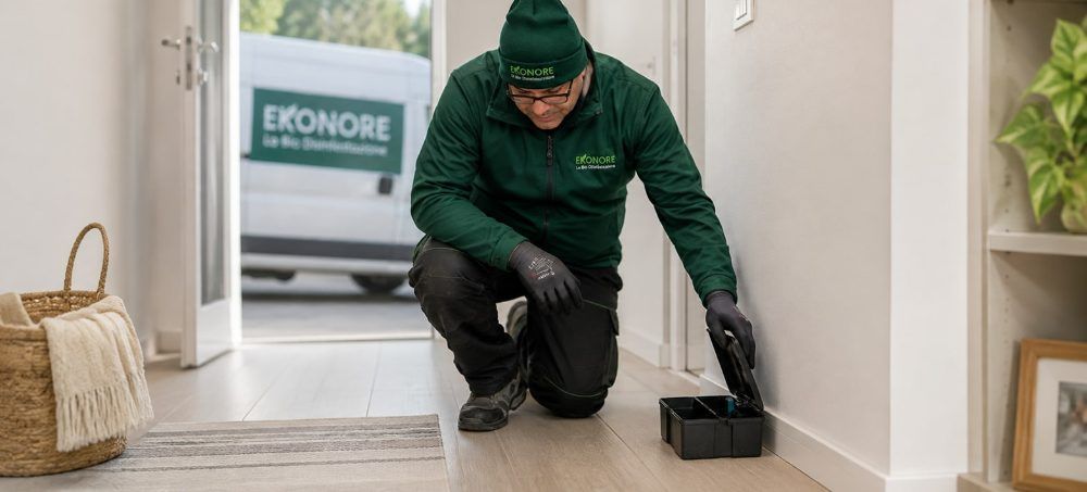 Tecnico Ekonore posiziona una trappola multicattura nell'ingresso di un'abitazione