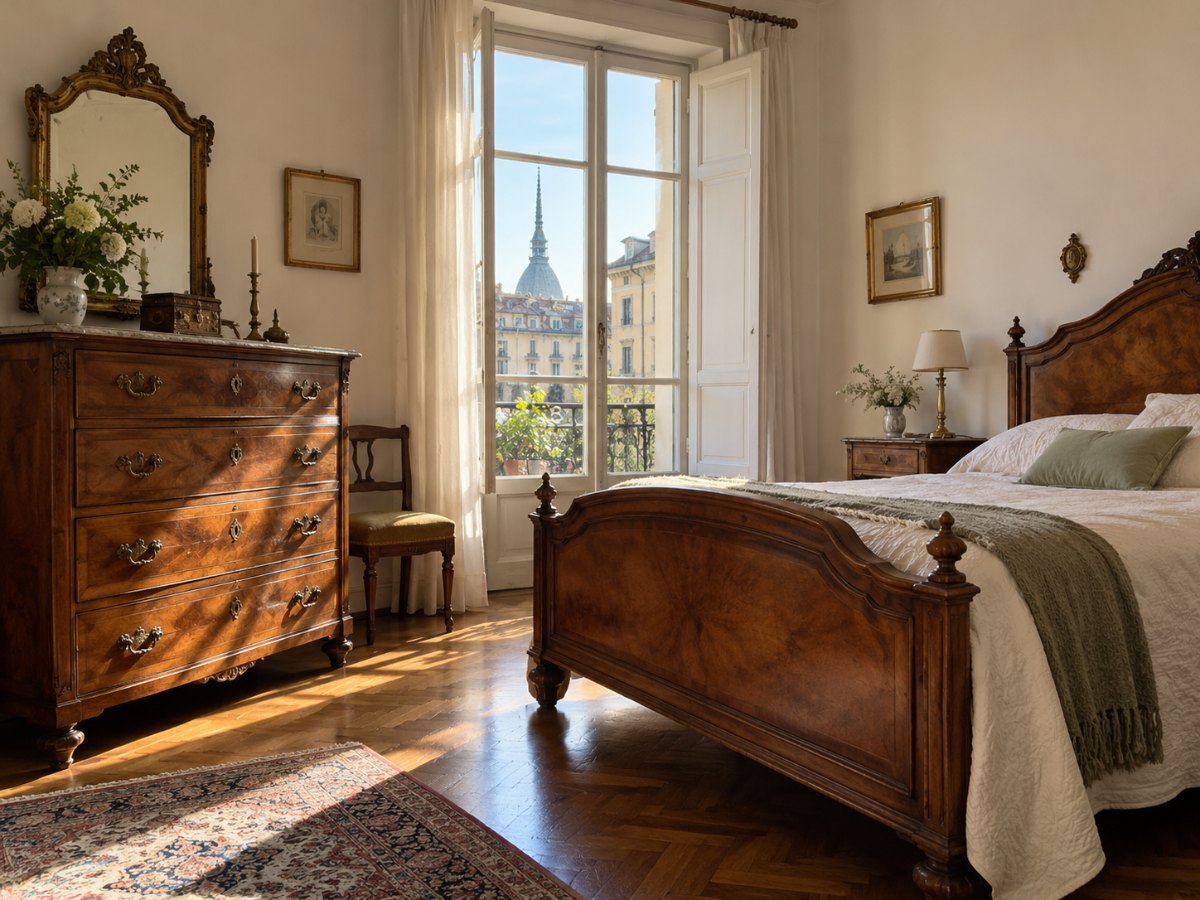 Camera da letto torinese con un vecchio comò e un letto in legno antico Camera da letto torinese con un vecchio comò e un letto in legno antico