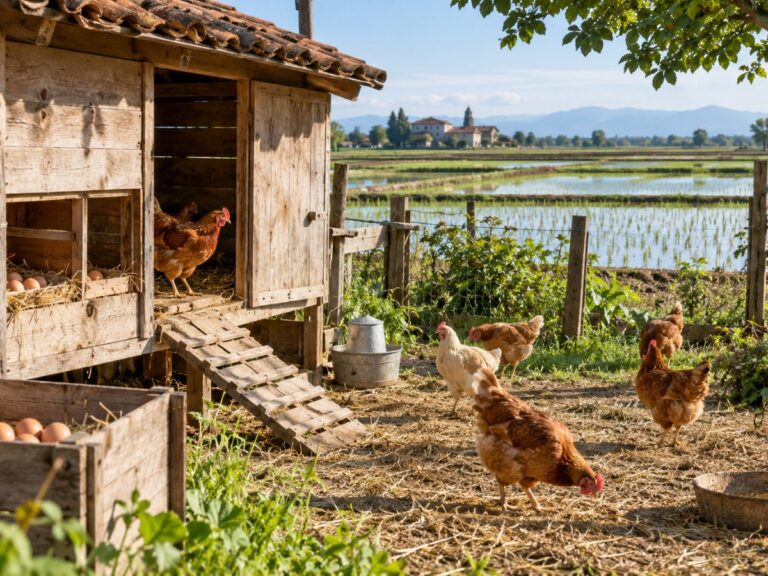 Piccolo pollaio di casa in campagna nel Vercellese con galline e risaie sullo sfondo
