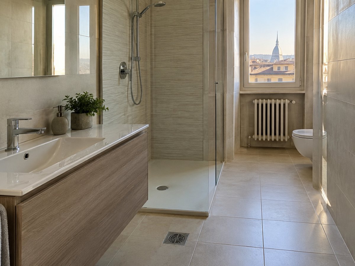 Bagno di un appartamento torinese con lavandino, piastrelle chiare e piatto doccia Bagno di un appartamento torinese con lavandino, piastrelle chiare e piatto doccia