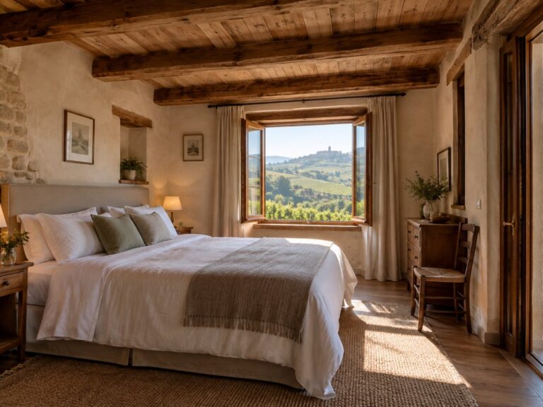 Camera di un agriturismo nelle Langhe con letto matrimoniale, travi in legno e vigneti fuori dalla finestra