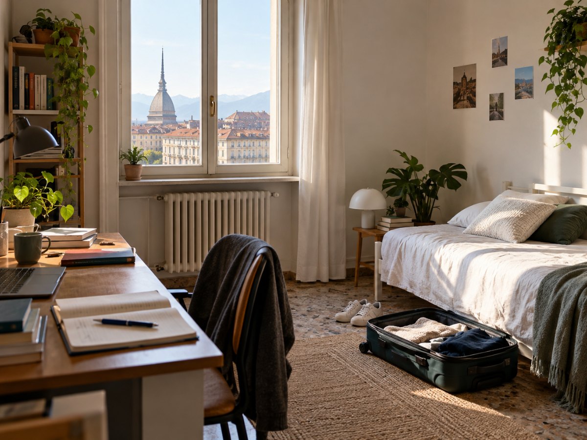 Stanza di un alloggio per studenti a Torino con letto, scrivania e valigia