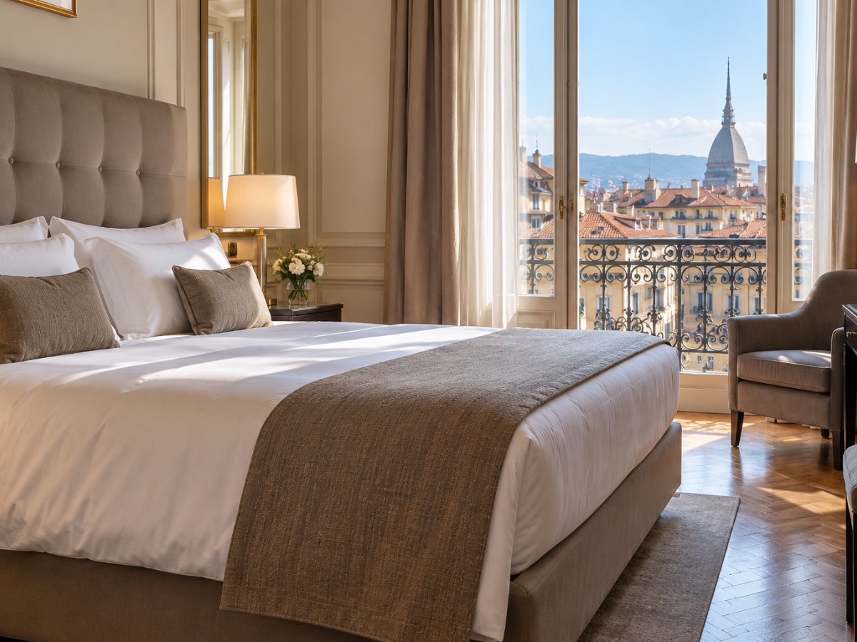 Camera d'albergo a Torino con letto rifatto e lenzuola bianche
