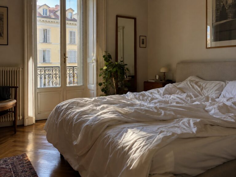 Letto disfatto al mattino in una camera torinese con lenzuola bianche e luce dalla finestra