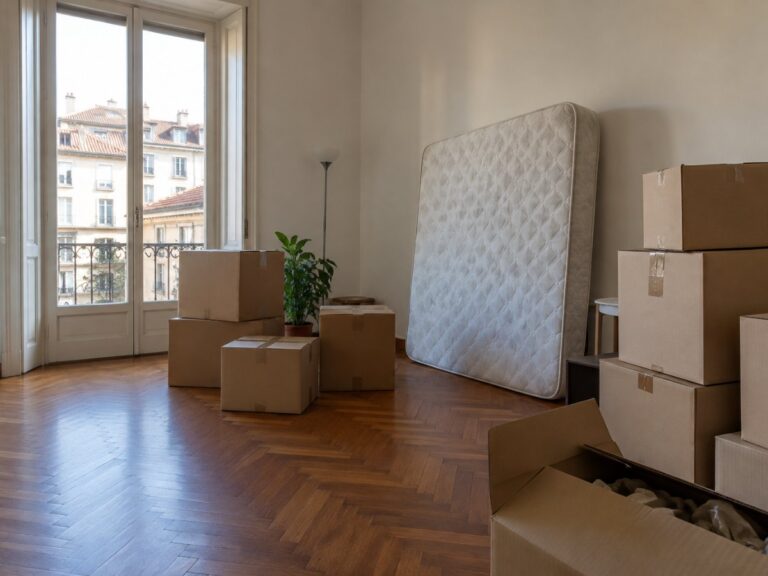 Scatoloni di un trasloco in una stanza di un appartamento torinese con un materasso appoggiato al muro