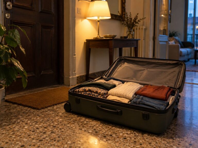Valigia aperta appoggiata sul pavimento dell'ingresso di casa al rientro da un viaggio