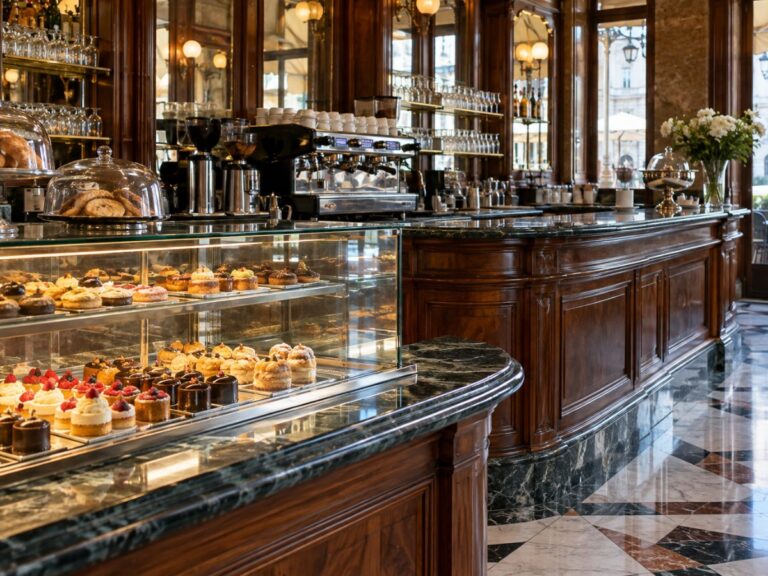 Bancone di un bar torinese con vetrina di dolci, macchina del caffè e pavimento in marmo