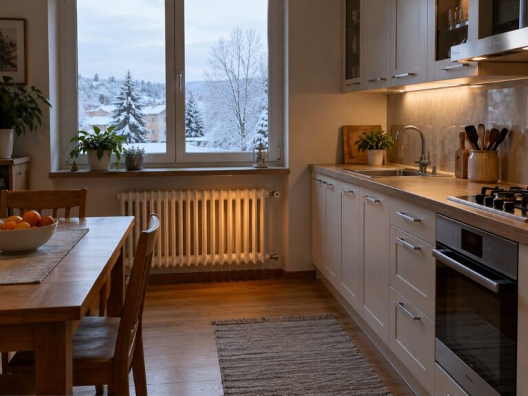 Cucina di casa d'inverno con il termosifone acceso sotto la finestra e il piano di lavoro pulito