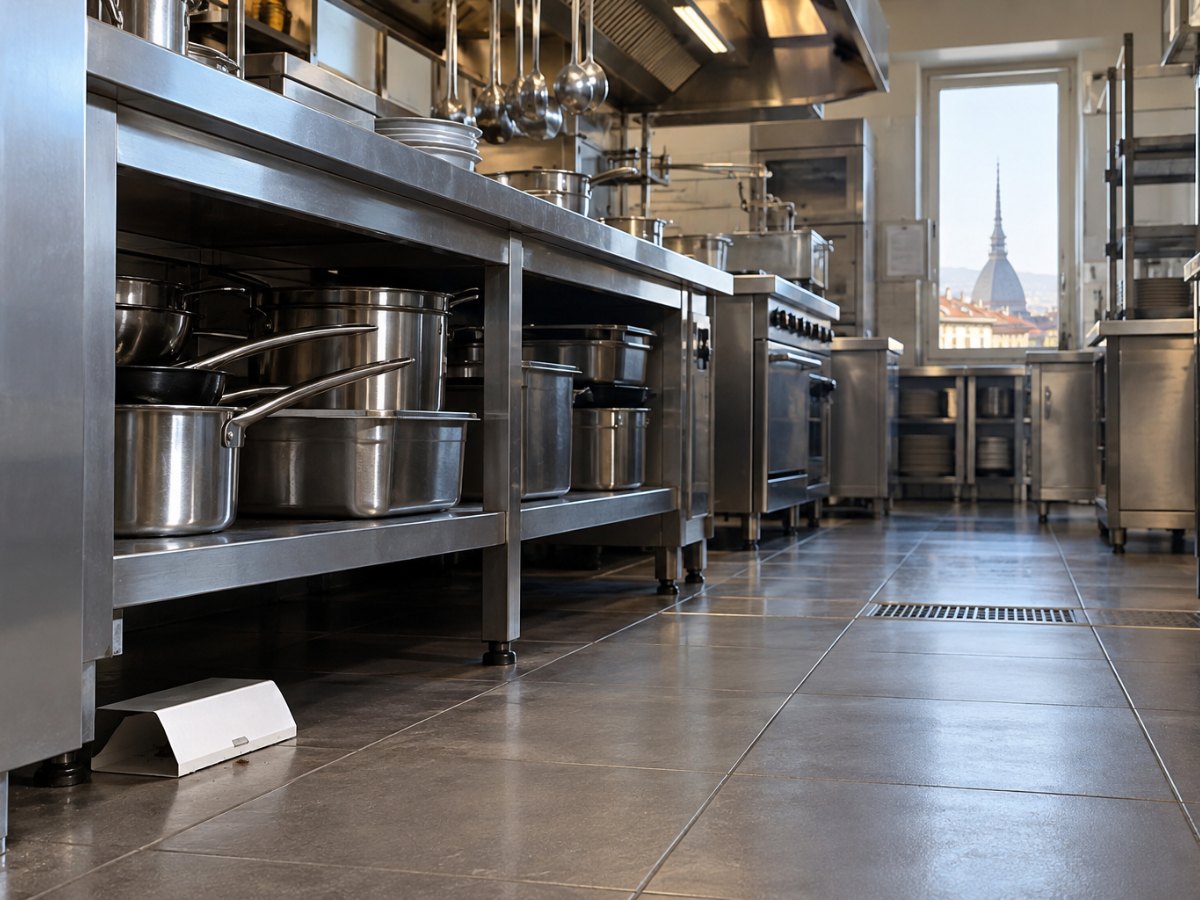 Cucina professionale di un ristorante a Torino con trappola di monitoraggio