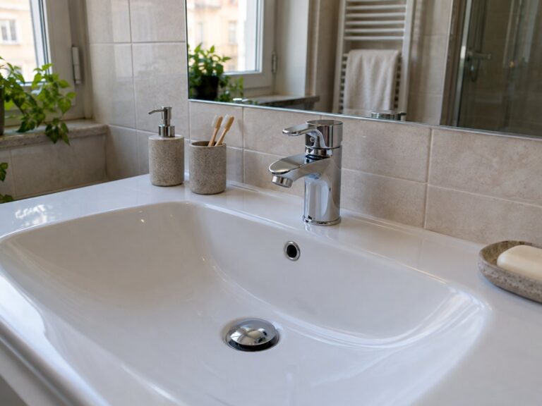 Lavandino di un bagno torinese con piastrelle chiare, specchio e scarico in primo piano