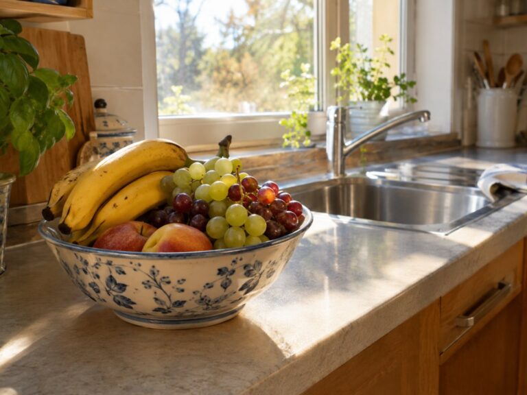 Cucina di casa con una ciotola di frutta matura sul piano di lavoro e il lavello vicino