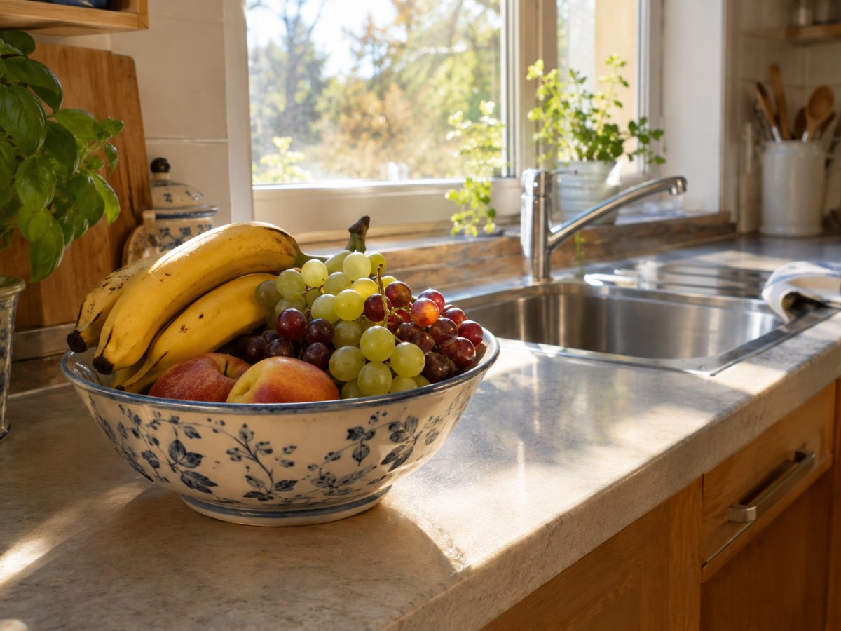 Cucina di casa con una ciotola di frutta matura sul piano di lavoro e il lavello vicino Cucina di casa con una ciotola di frutta matura sul piano di lavoro e il lavello vicino