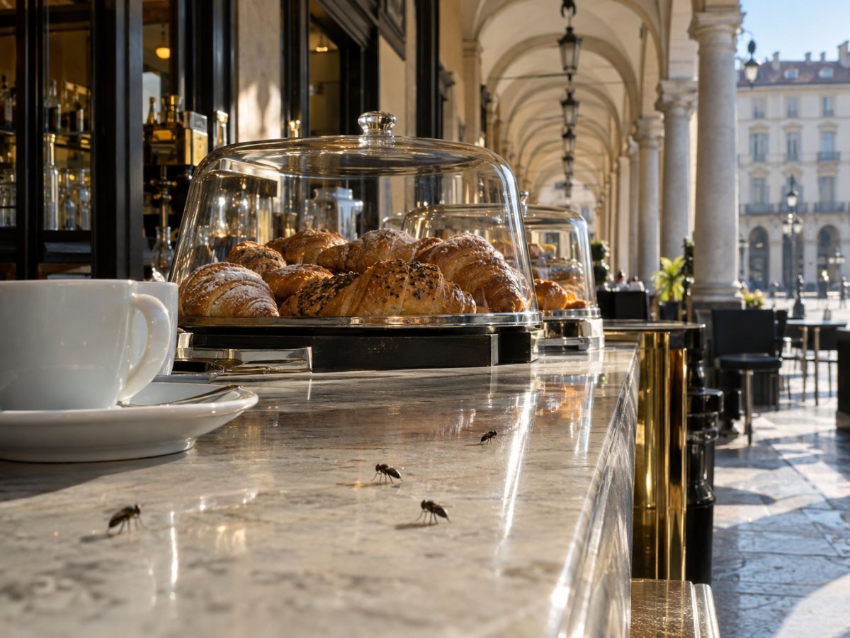 Bancone di un bar sotto i portici di Torino con le brioches coperte
