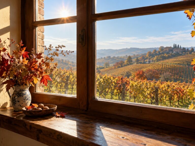Finestra di una casa piemontese in autunno con il sole sui vetri e un davanzale in legno