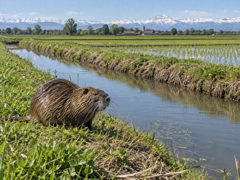 Nutria sulla riva di un canale di irrigazione tra le risaie del Vercellese