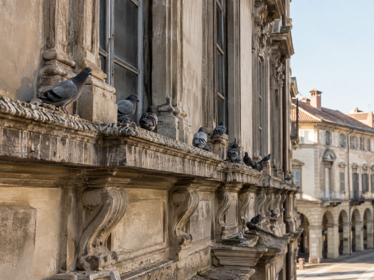 Piccioni sui cornicioni di un palazzo storico in una piazza di Alessandria