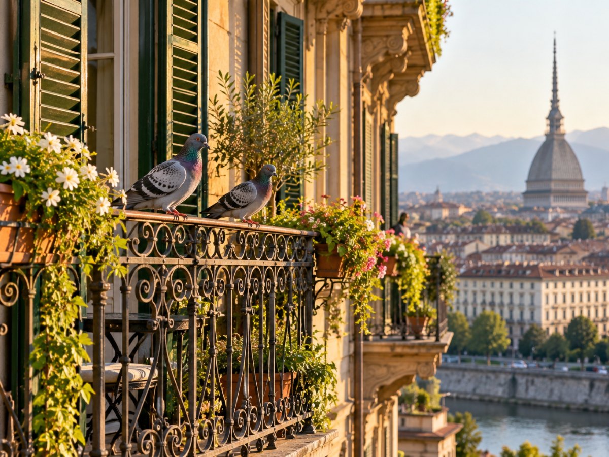 Piccioni sulla ringhiera di un balcone di un palazzo storico di Torino