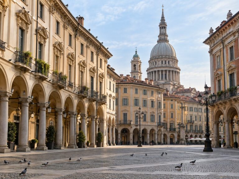 Piazza porticata di un centro storico piemontese con palazzi antichi, cornicioni e una cupola sullo sfondo