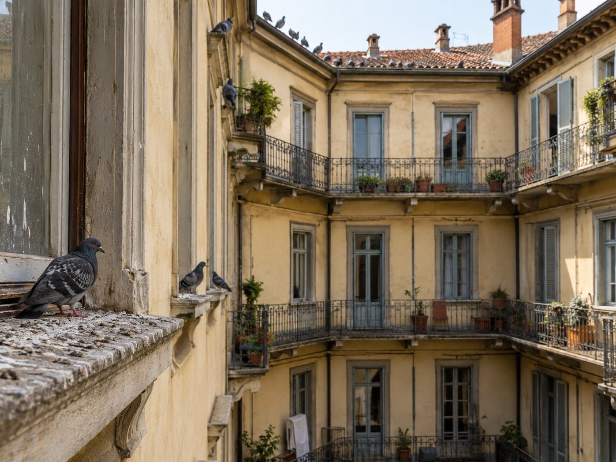 Piccioni sui cornicioni del cortile di un condominio di ringhiera a Torino