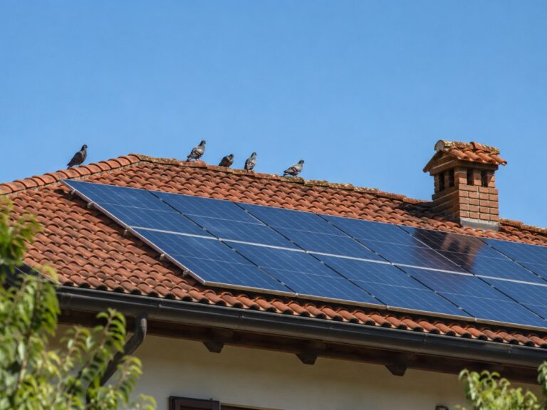 Tetto di una villetta piemontese con pannelli fotovoltaici e alcuni piccioni sul colmo