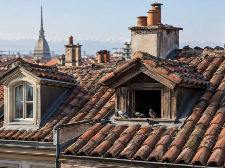 Tetto di un palazzo torinese con coppi, abbaini e piccioni vicino a un'apertura del sottotetto