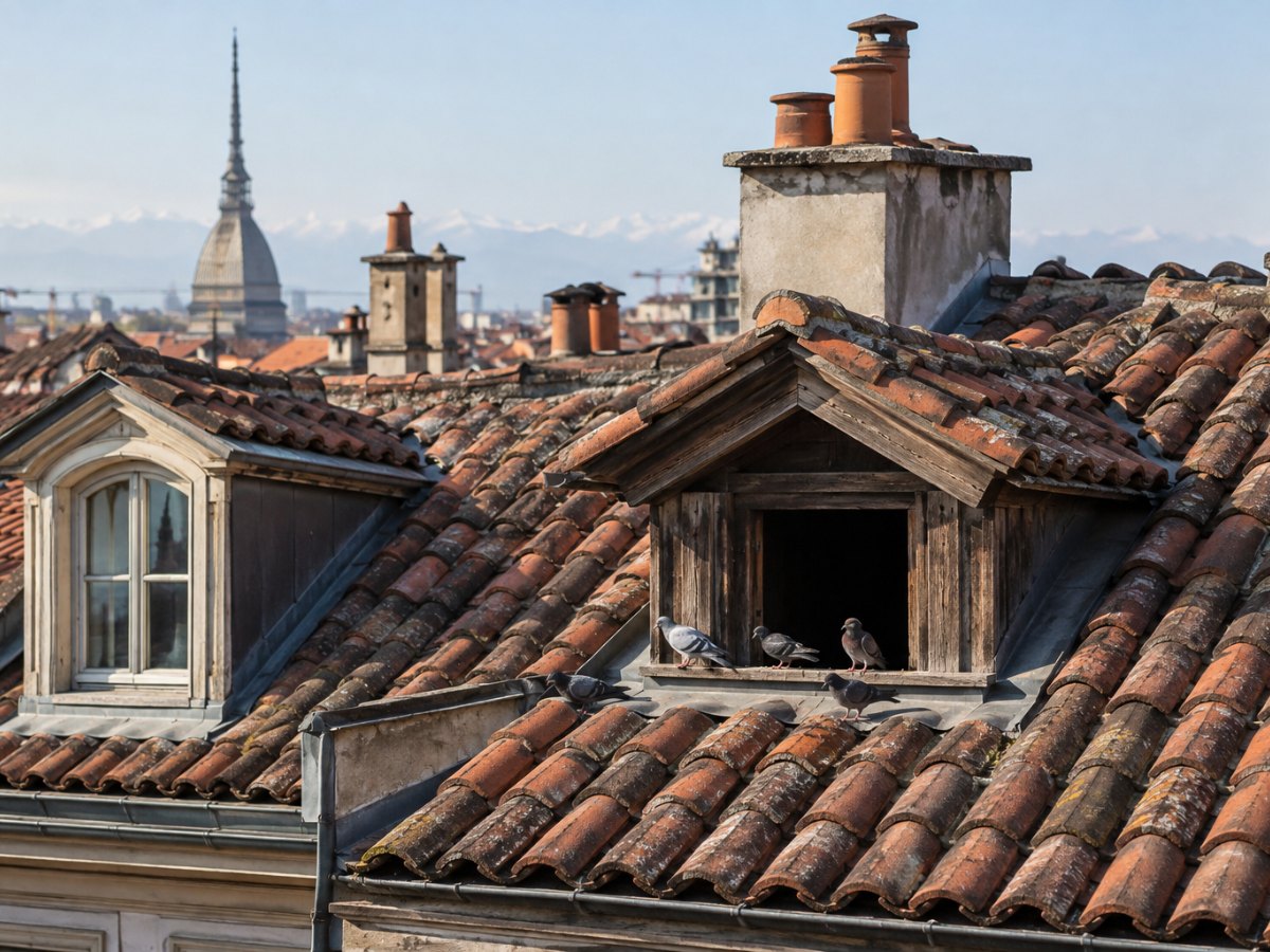 Tetto di un palazzo torinese con coppi, abbaini e piccioni vicino a un’apertura del sottotetto Tetto di un palazzo torinese con coppi, abbaini e piccioni vicino a un'apertura del sottotetto