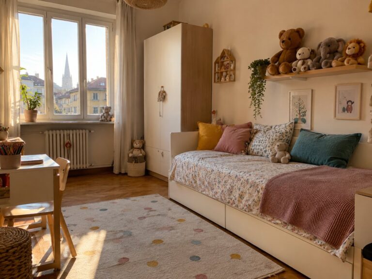 Cameretta di bambini con letto, cuscini e peluche in una casa torinese