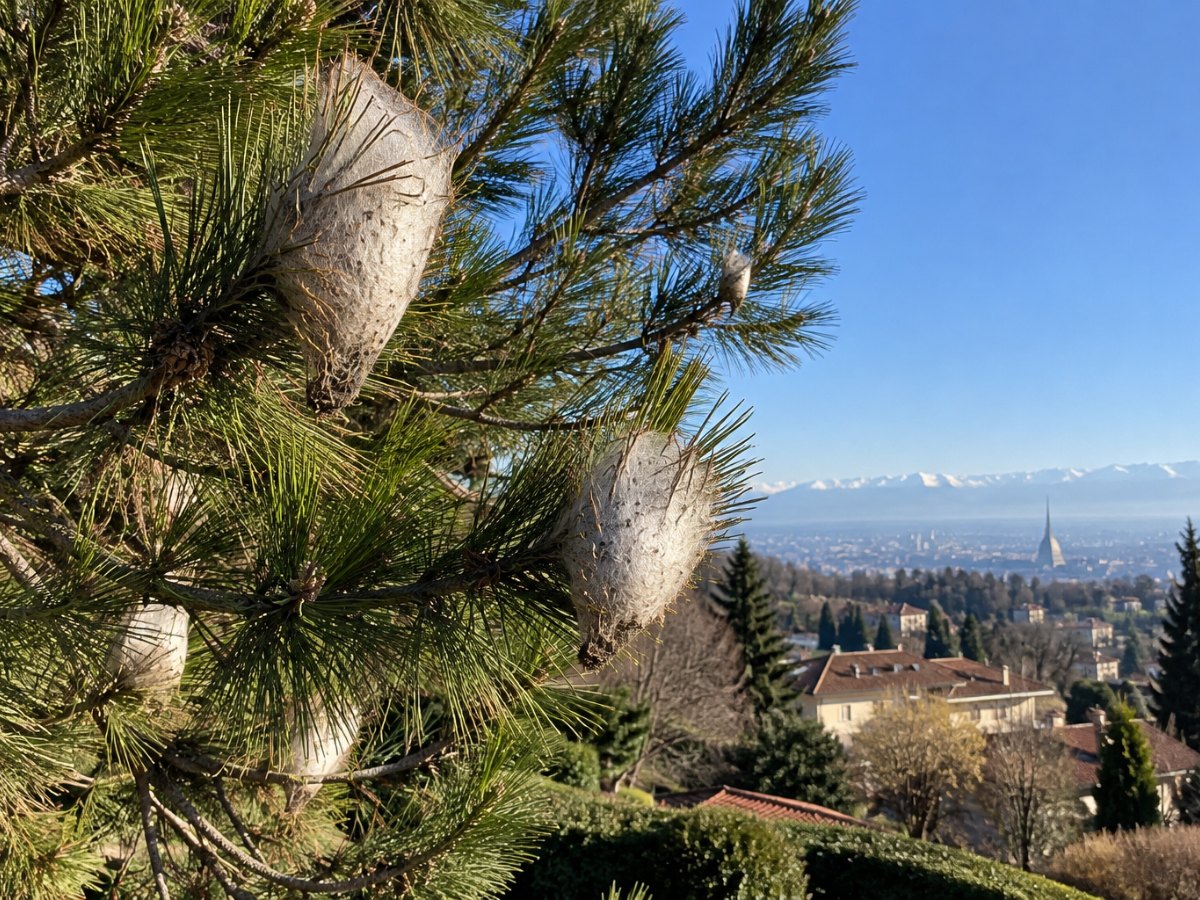 Nidi di processionaria sui rami di un pino in un giardino della collina di Torino
