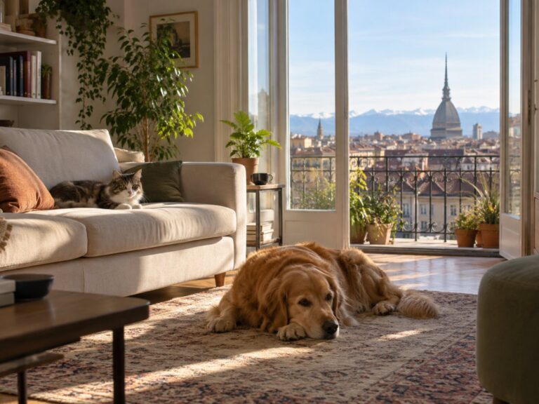 Cane e gatto in un soggiorno di un appartamento a Torino