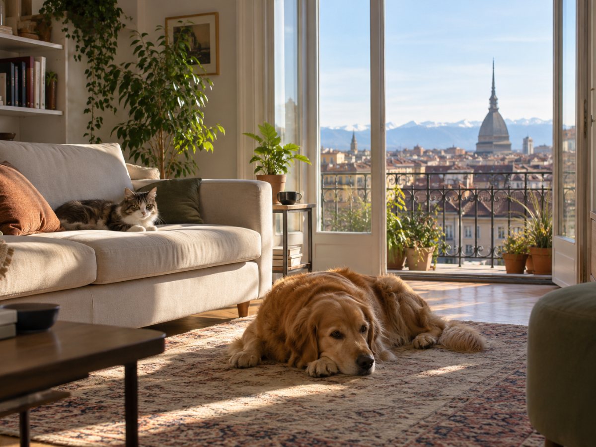 Cane e gatto in un soggiorno di un appartamento a Torino
