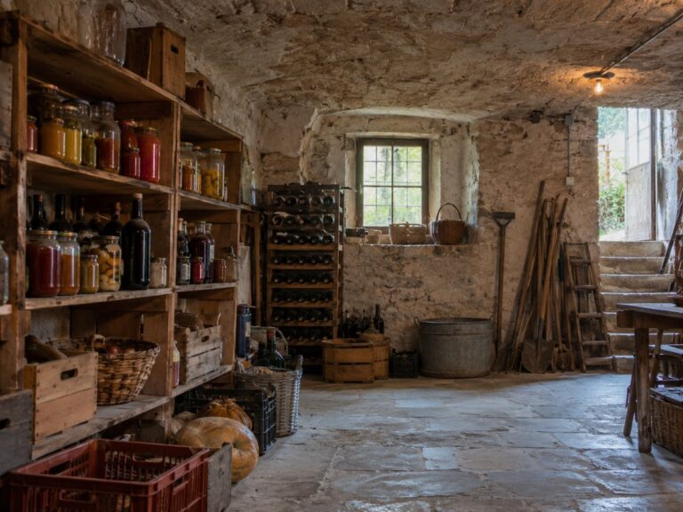 Cantina di una casa piemontese con scaffali, attrezzi e ragnatele negli angoli