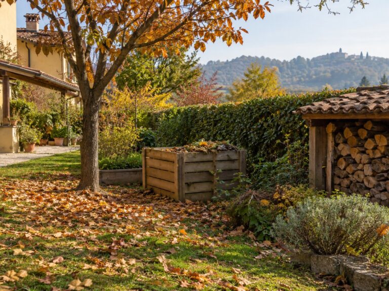 Giardino di una villetta piemontese con compostiera in legno, legnaia e siepe in autunno