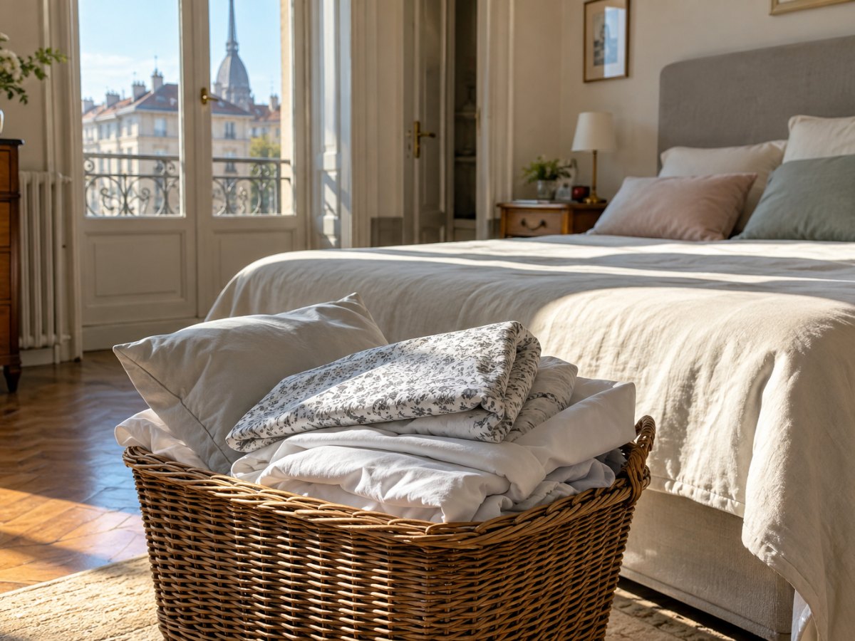 Camera da letto ordinata con lenzuola e cuscini pronti da lavare in una casa torinese