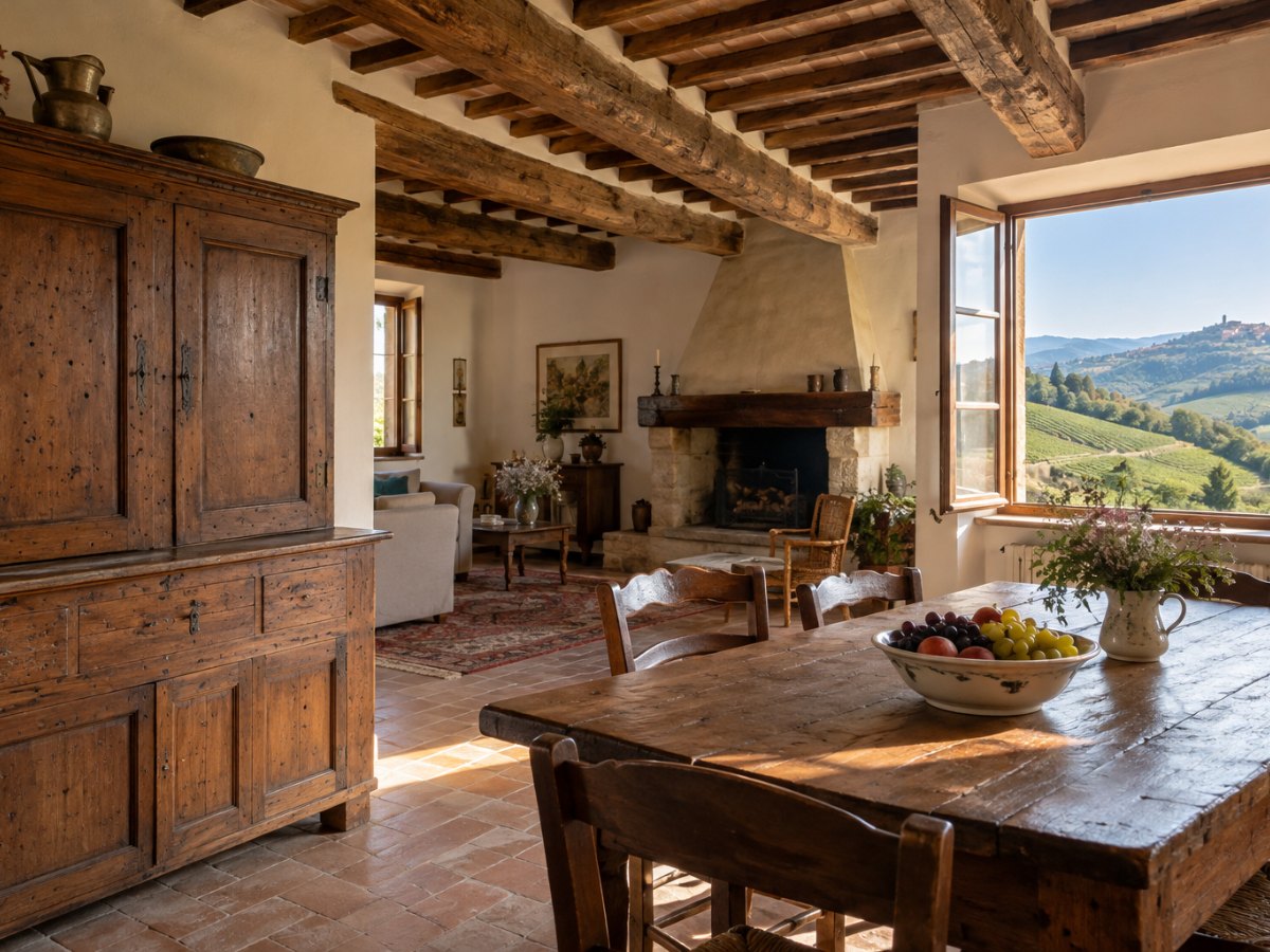 Casa di campagna dell'Astigiano con travi in legno e un mobile antico con i fori dei tarli