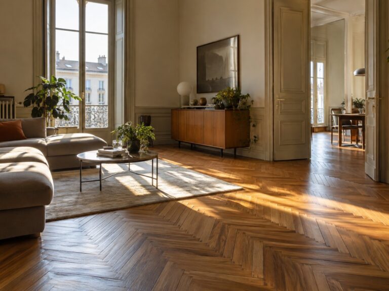 Pavimento in parquet a spina di pesce in una stanza di un appartamento torinese con luce dalla finestra