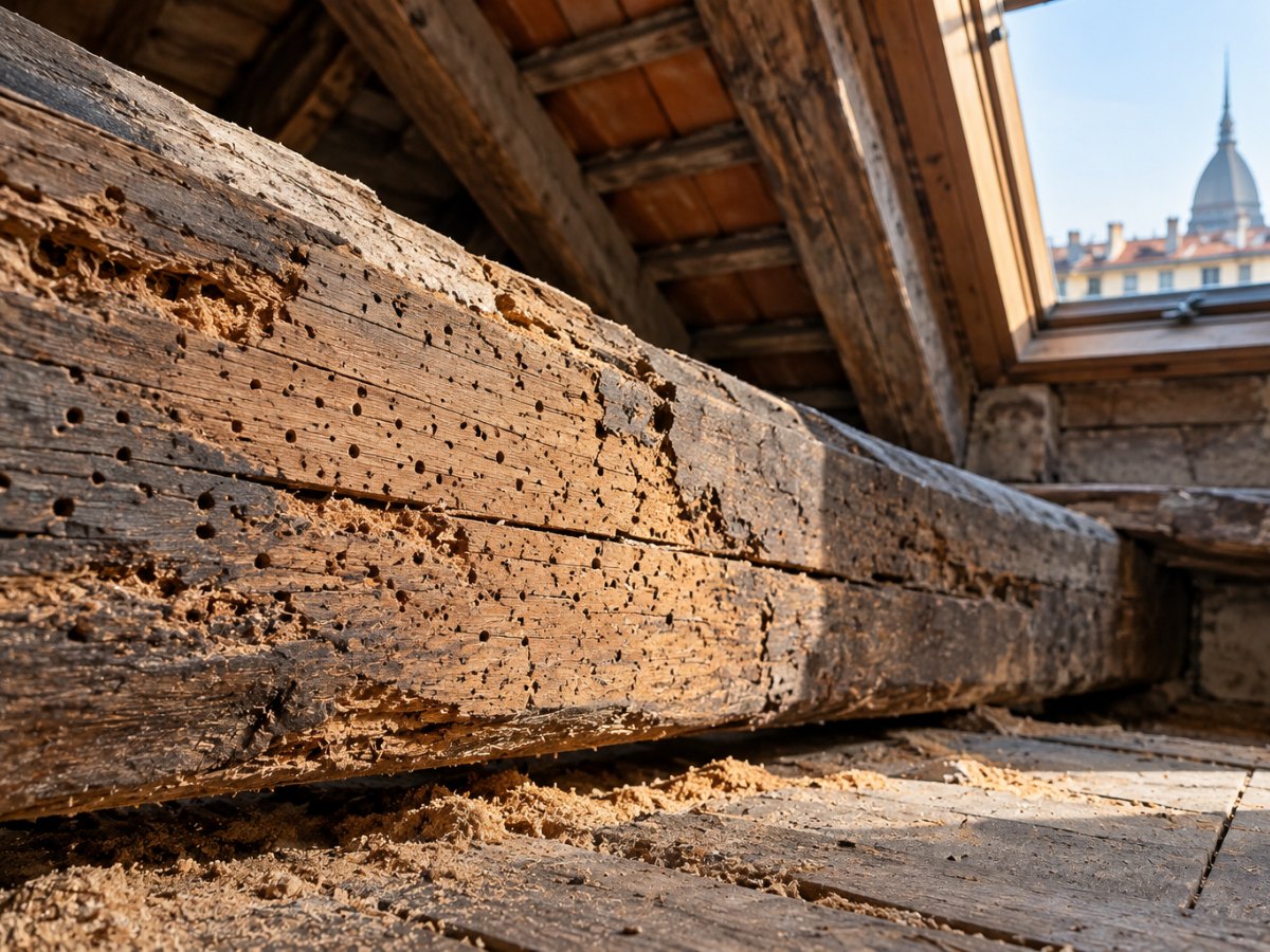 Trave in legno con fori di tarlo nel sottotetto di un palazzo storico di Torino