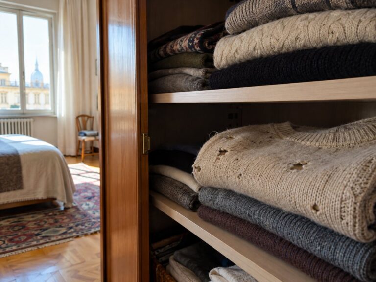 Armadio con maglioni di lana rovinati dalle tarme in una casa di Torino