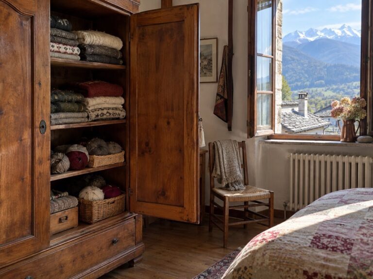 Armadio di una casa del Biellese con maglioni e matasse di lana, montagne fuori dalla finestra