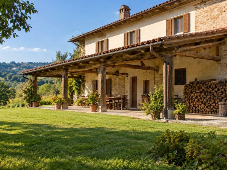 Cascina piemontese in campagna con portico in legno, legnaia e prato intorno
