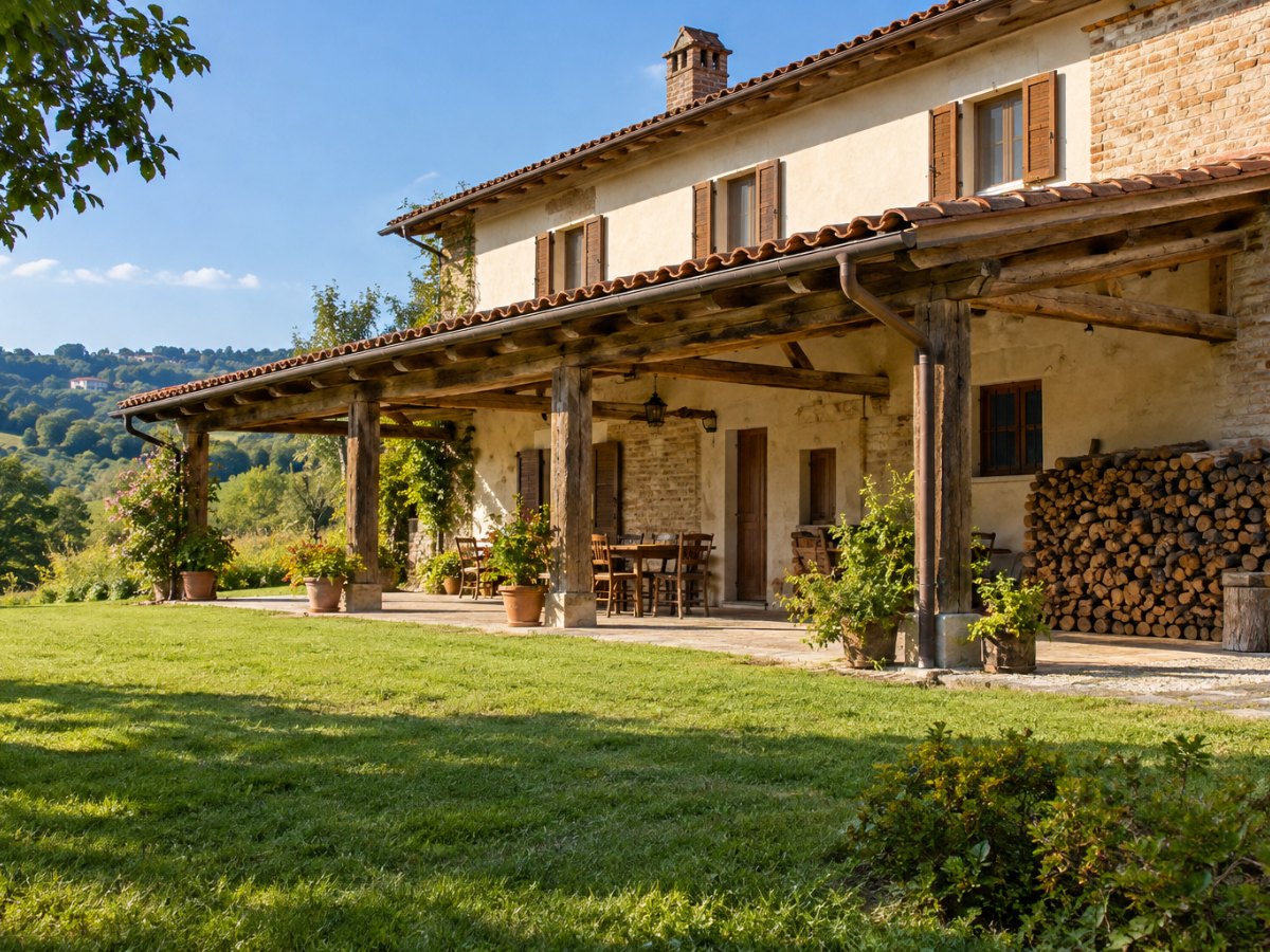Cascina piemontese in campagna con portico in legno, legnaia e prato intorno Cascina piemontese in campagna con portico in legno, legnaia e prato intorno