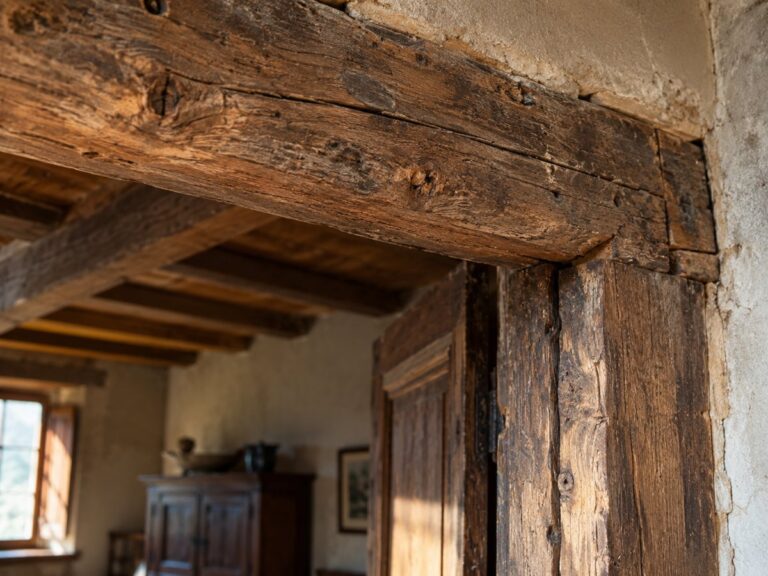 Trave e infisso in legno di una casa piemontese con segni di danni, luce laterale
