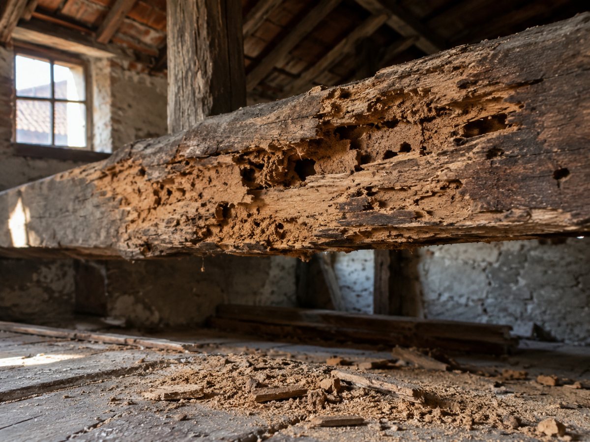 Trave di legno con le gallerie scavate dalle termiti in una casa di Torino Trave di legno con le gallerie scavate dalle termiti in una casa di Torino