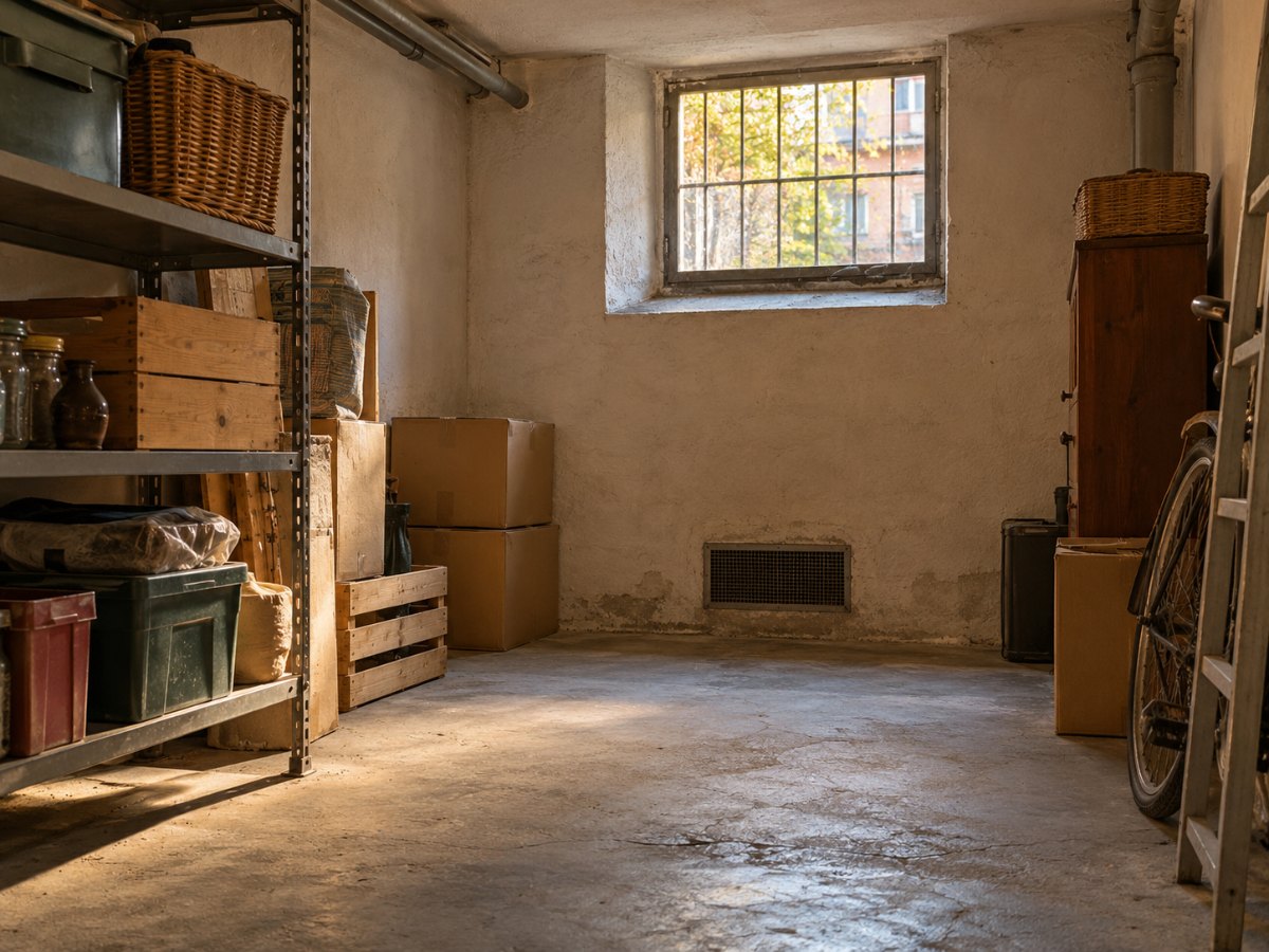 Cantina di un condominio torinese con scatoloni e una griglia di aerazione, luce d'autunno