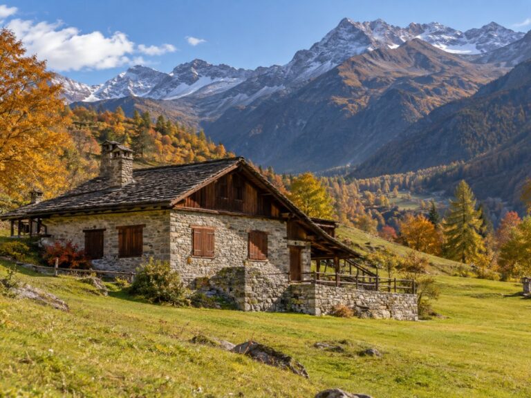 Casa di montagna in pietra e legno con le imposte chiuse tra i prati in Val di Susa