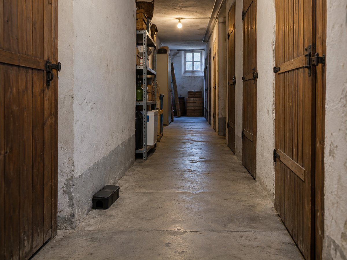 Corridoio di una cantina condominiale a Torino con trappola per roditori