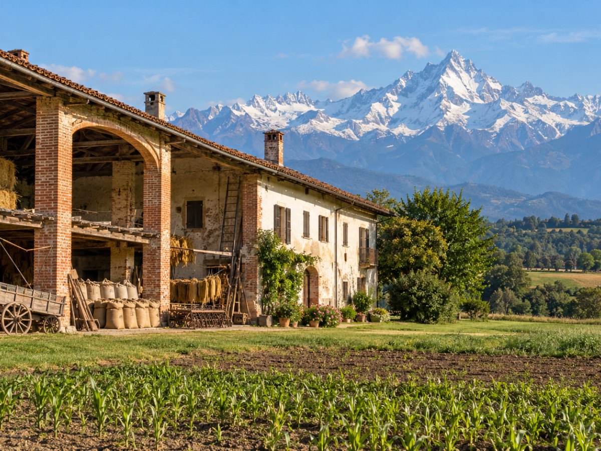Cascina del Cuneese con fienile e sacchi di granaglie, Monviso sullo sfondo